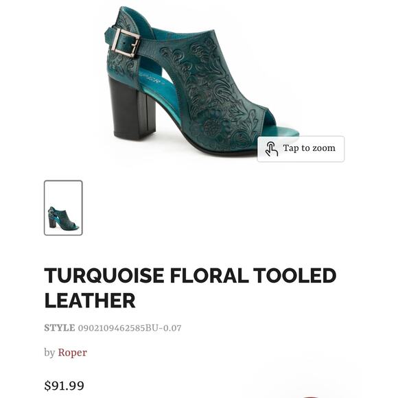 ROPER MIKA Burnished Turquoise Tooled Leather Mule w Side Buckle - Picture 2 of 8